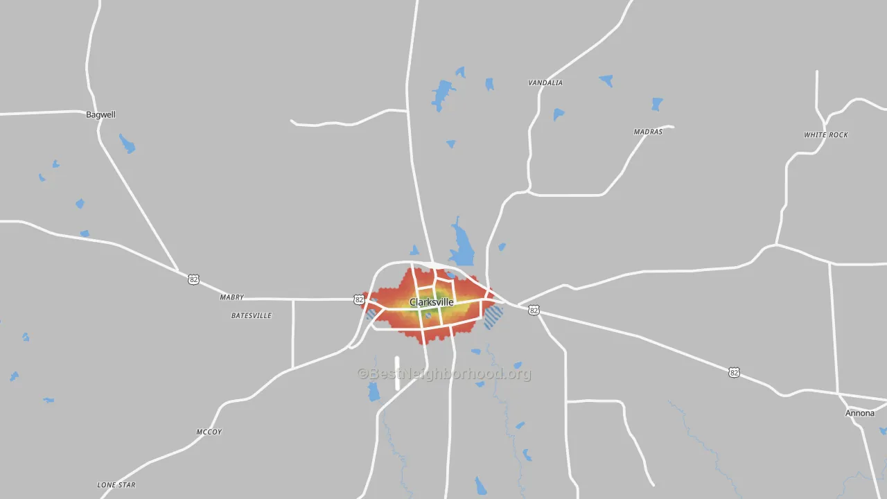 Walk Grade map of 75426, TX, walkable areas in green and car-dependent areas in red