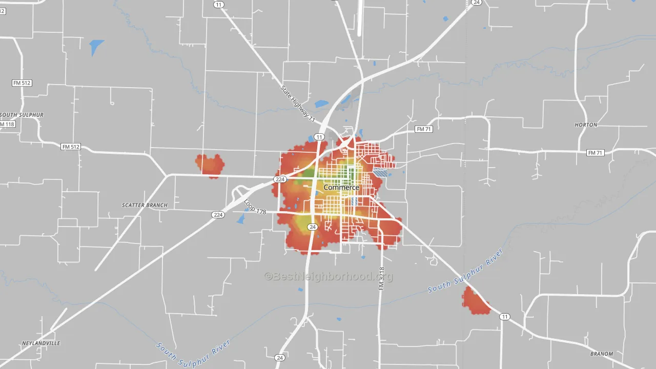 Walk Grade map of 75428, TX, walkable areas in green and car-dependent areas in red