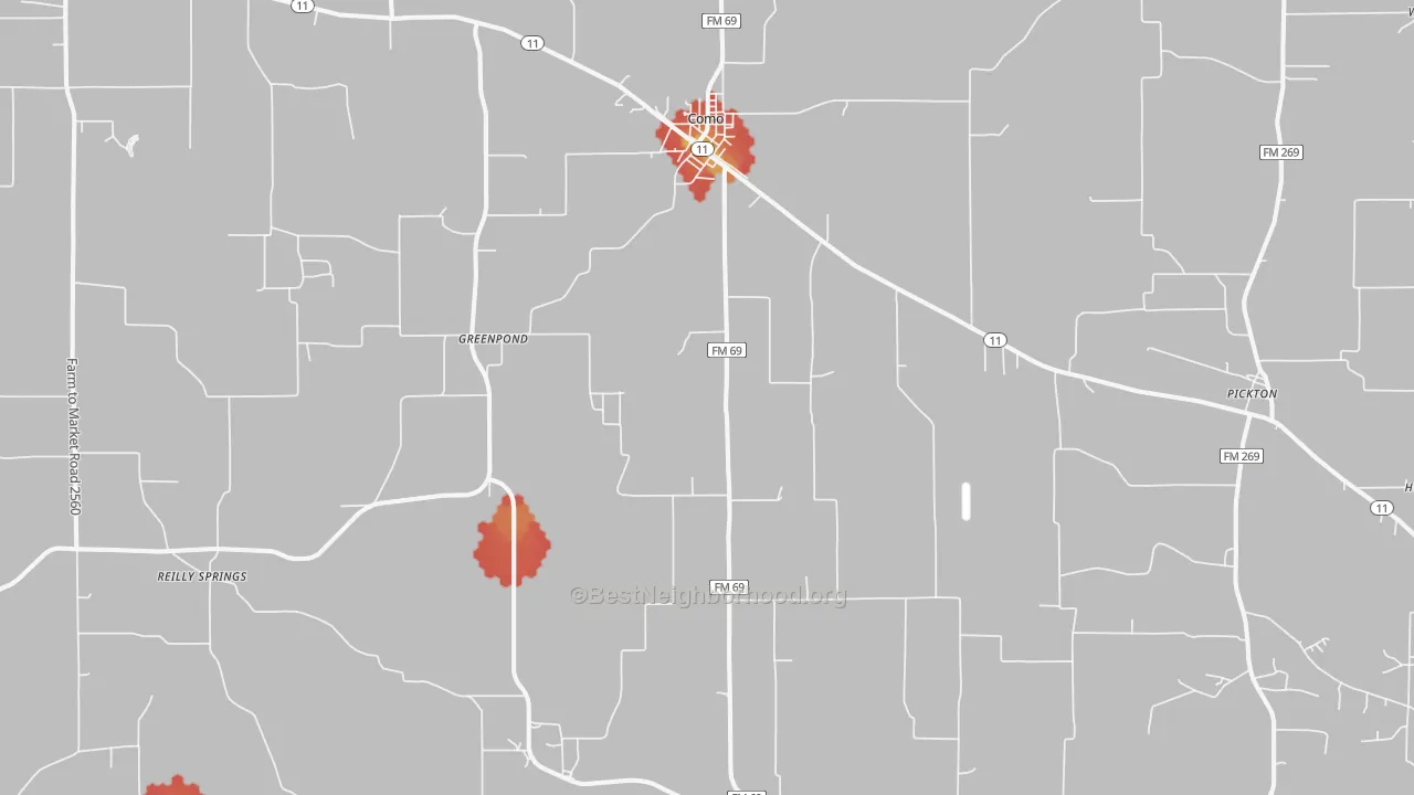 Walk Grade map of 75431, TX, walkable areas in green and car-dependent areas in red