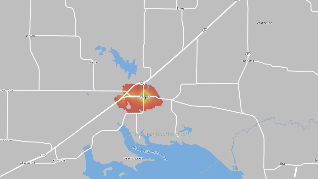 Walk Grade map of 75432, TX, walkable areas in green and car-dependent areas in red