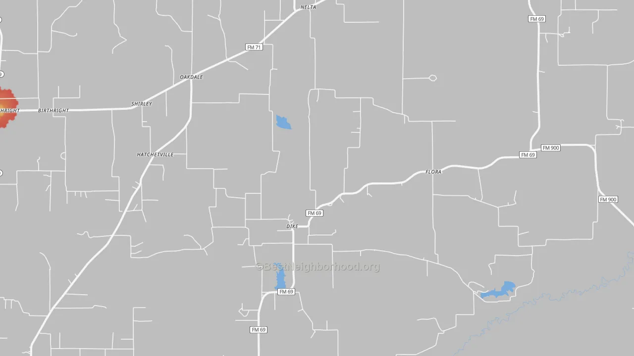 Walk Grade map of 75437, TX, walkable areas in green and car-dependent areas in red