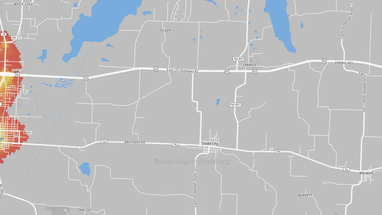 Walk Grade map of 75438, TX, walkable areas in green and car-dependent areas in red
