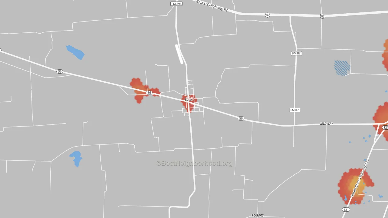 Walk Grade map of 75439, TX, walkable areas in green and car-dependent areas in red