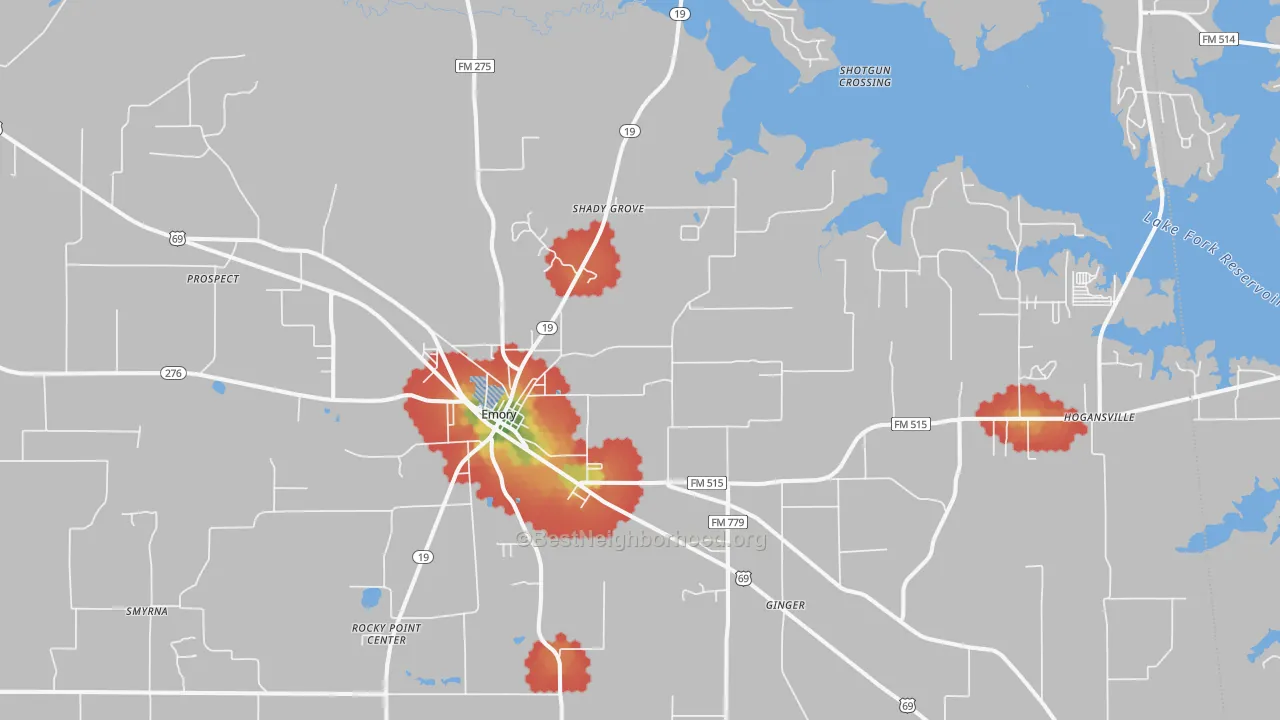 Walk Grade map of 75440, TX, walkable areas in green and car-dependent areas in red