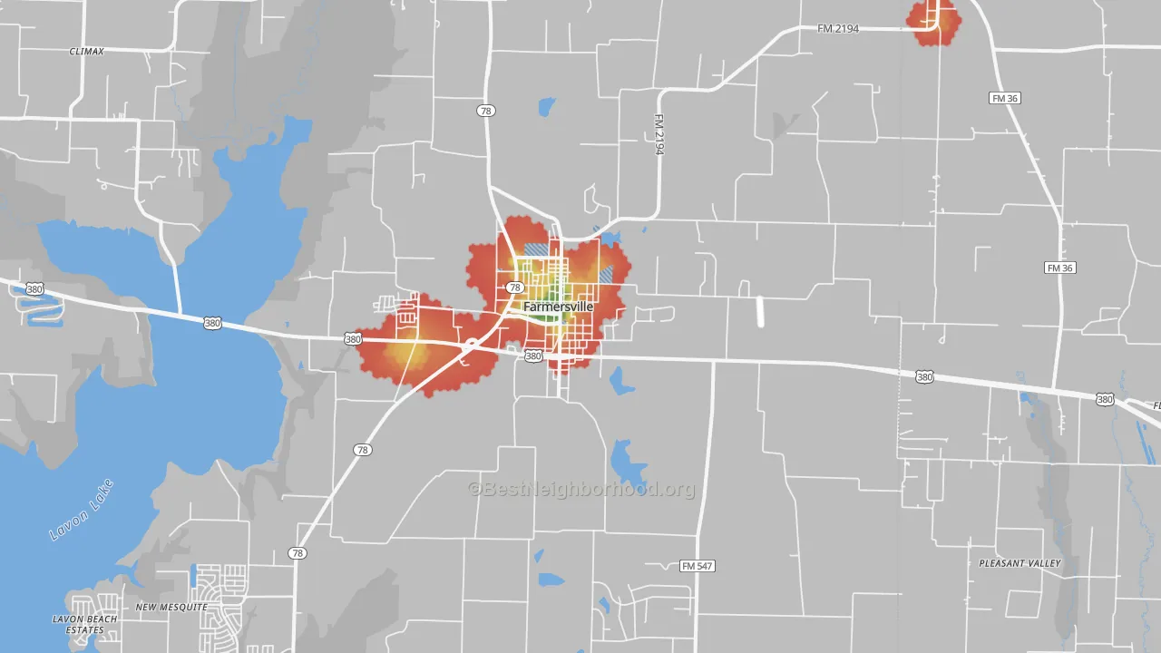 Walk Grade map of 75442, TX, walkable areas in green and car-dependent areas in red