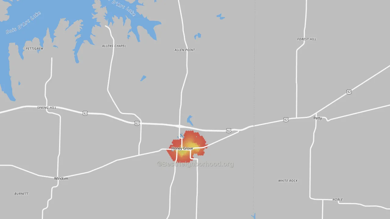 Walk Grade map of 75446, TX, walkable areas in green and car-dependent areas in red