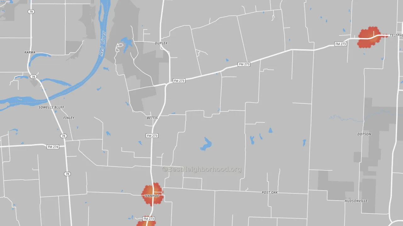 Walk Grade map of 75447, TX, walkable areas in green and car-dependent areas in red