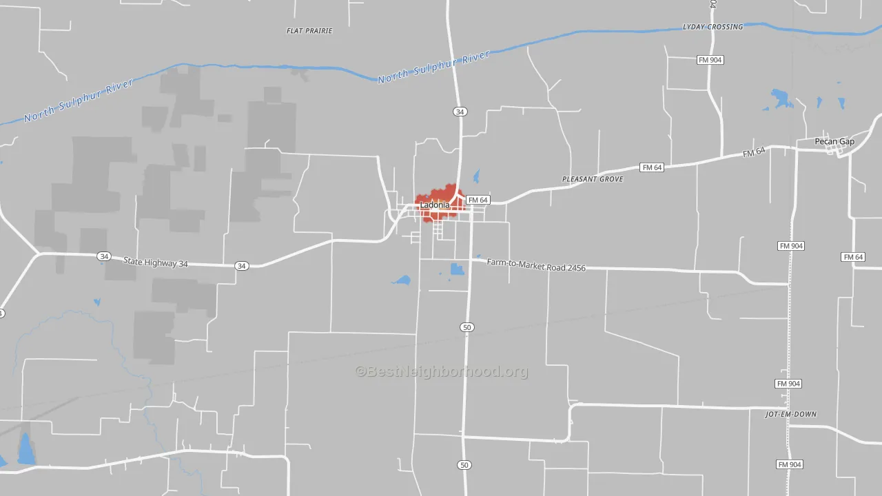 Walk Grade map of 75449, TX, walkable areas in green and car-dependent areas in red