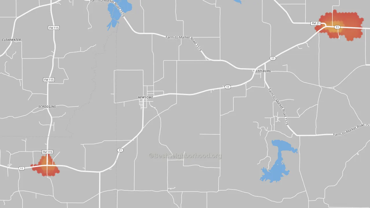 Walk Grade map of 75451, TX, walkable areas in green and car-dependent areas in red