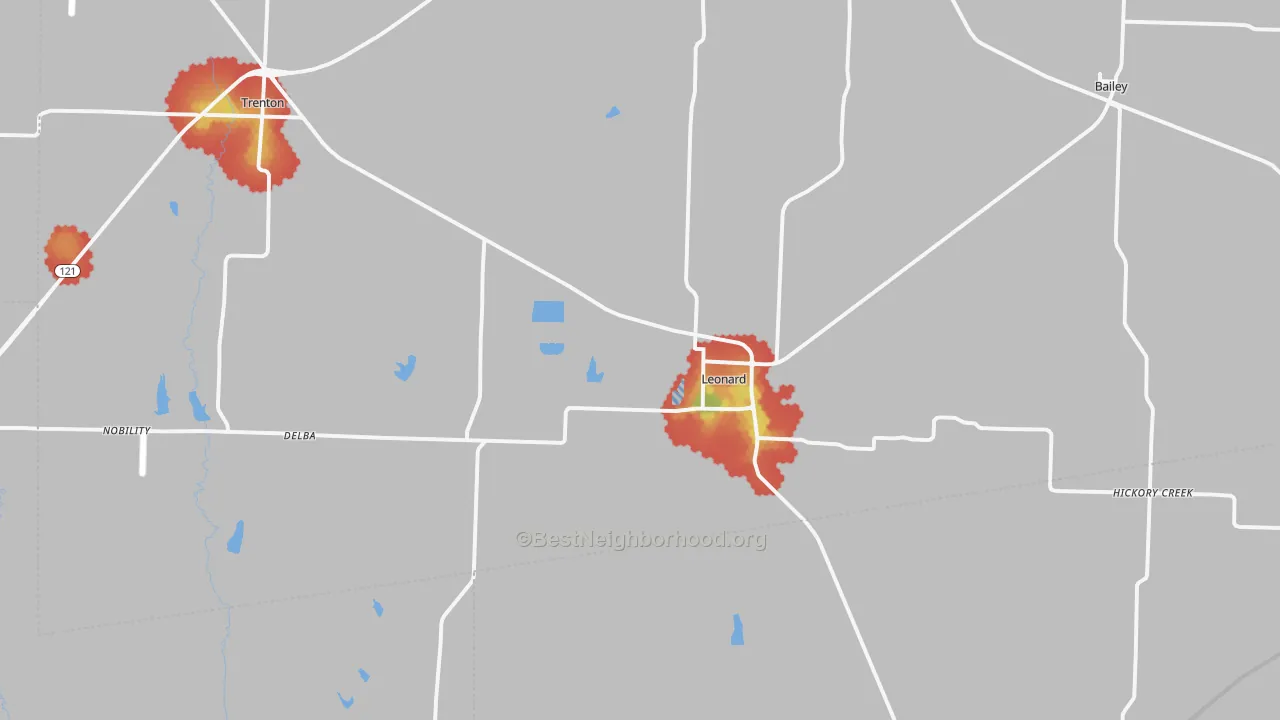 Walk Grade map of 75452, TX, walkable areas in green and car-dependent areas in red