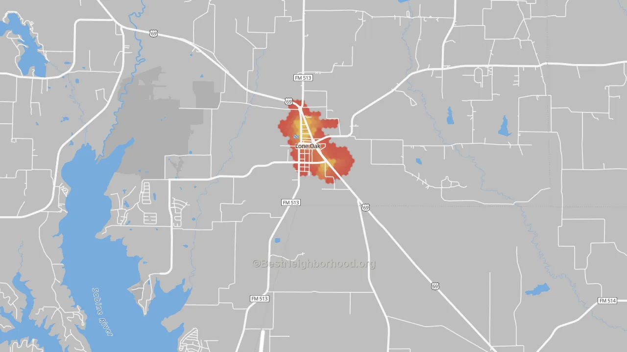 Walk Grade map of 75453, TX, walkable areas in green and car-dependent areas in red