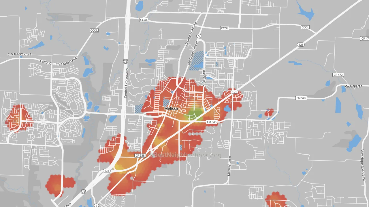 Walk Grade map of 75454, TX, walkable areas in green and car-dependent areas in red