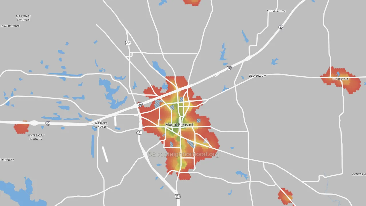 Walk Grade map of 75455, TX, walkable areas in green and car-dependent areas in red