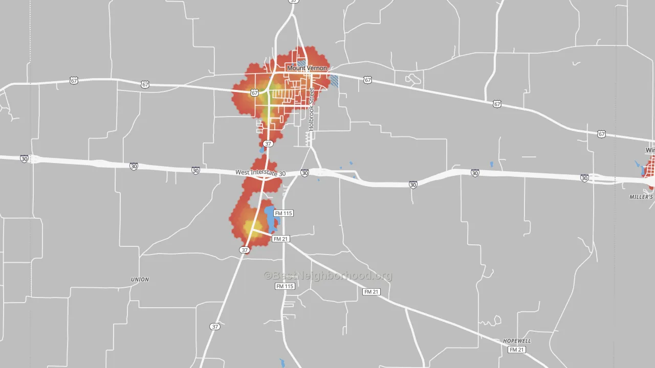 Walk Grade map of 75457, TX, walkable areas in green and car-dependent areas in red