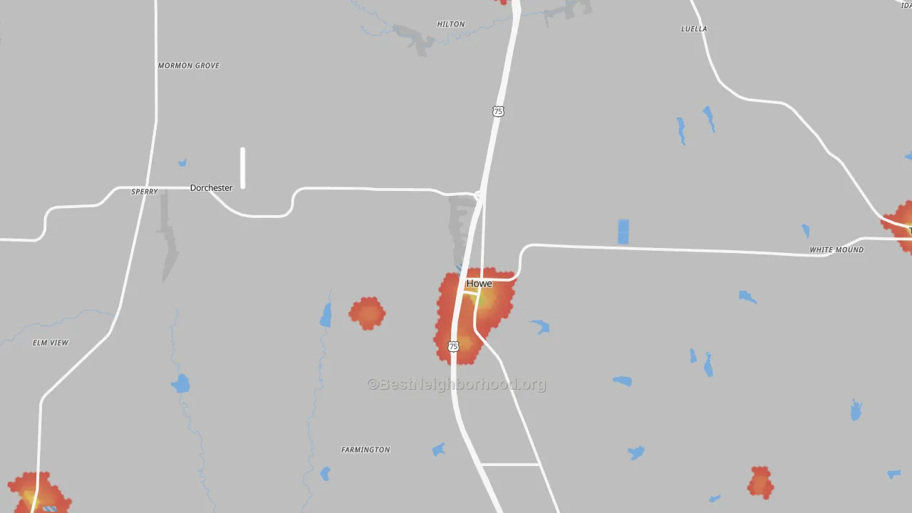Walk Grade map of 75459, TX, walkable areas in green and car-dependent areas in red