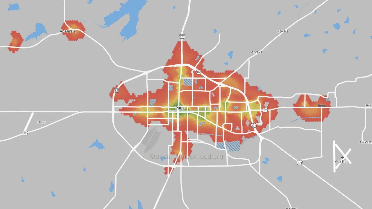 Walk Grade map of 75460, TX, walkable areas in green and car-dependent areas in red