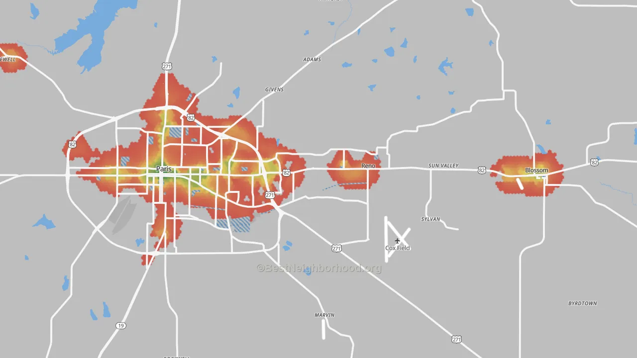 Walk Grade map of 75462, TX, walkable areas in green and car-dependent areas in red