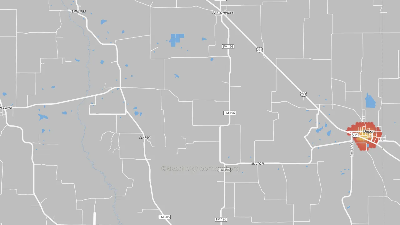 Walk Grade map of 75468, TX, walkable areas in green and car-dependent areas in red