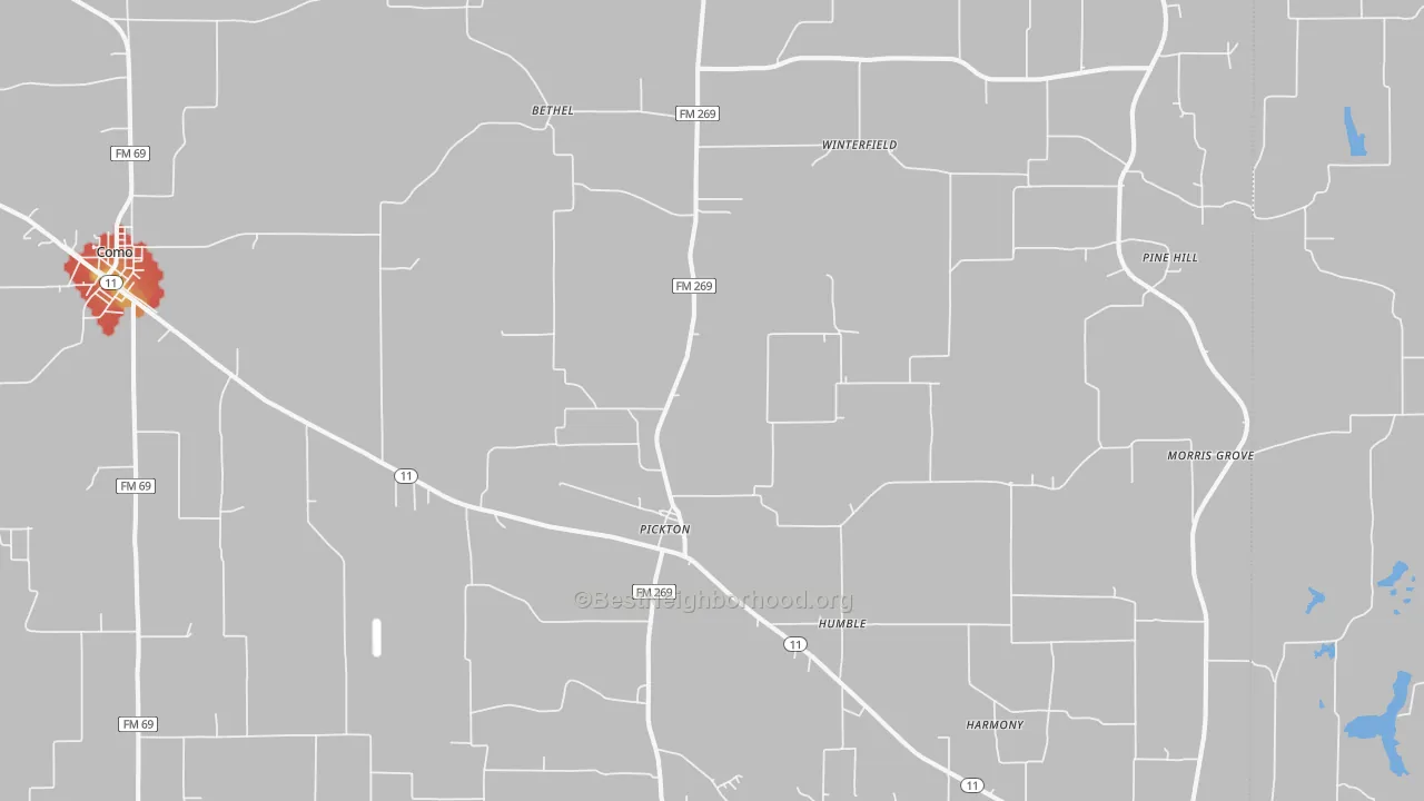 Walk Grade map of 75471, TX, walkable areas in green and car-dependent areas in red