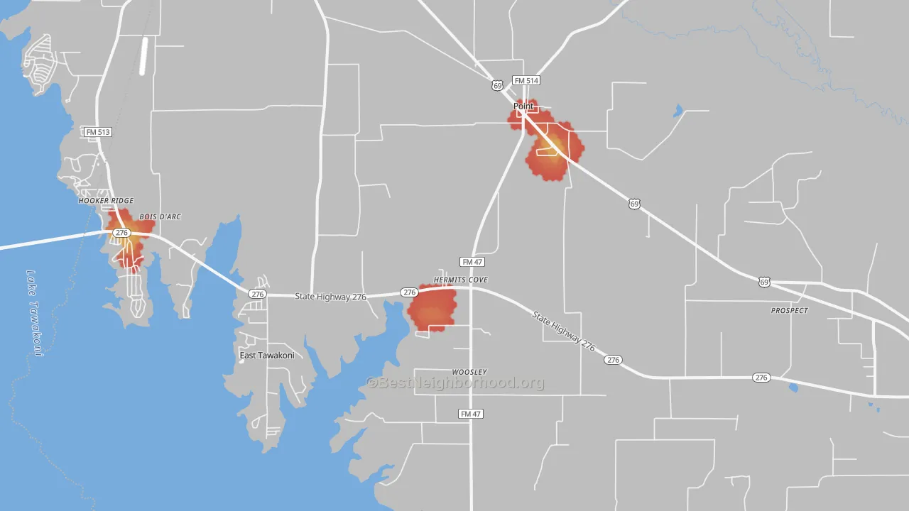 Walk Grade map of 75472, TX, walkable areas in green and car-dependent areas in red