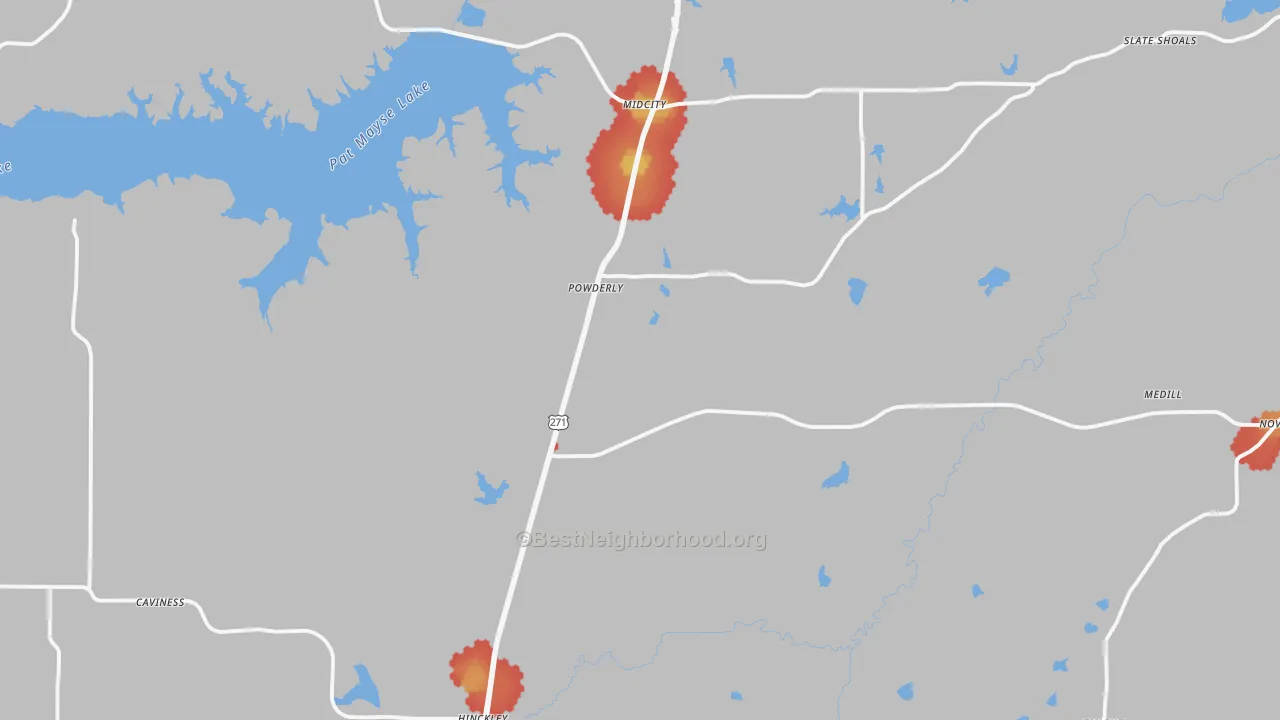Walk Grade map of 75473, TX, walkable areas in green and car-dependent areas in red