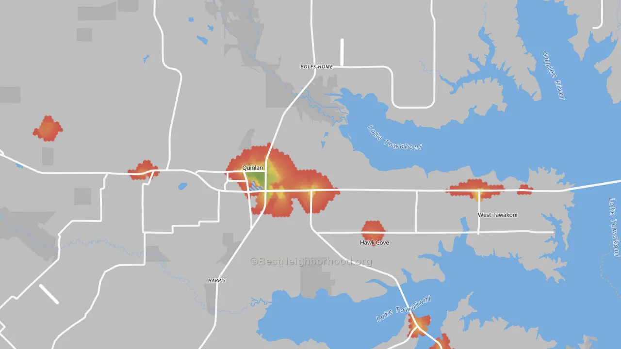 Walk Grade map of 75474, TX, walkable areas in green and car-dependent areas in red
