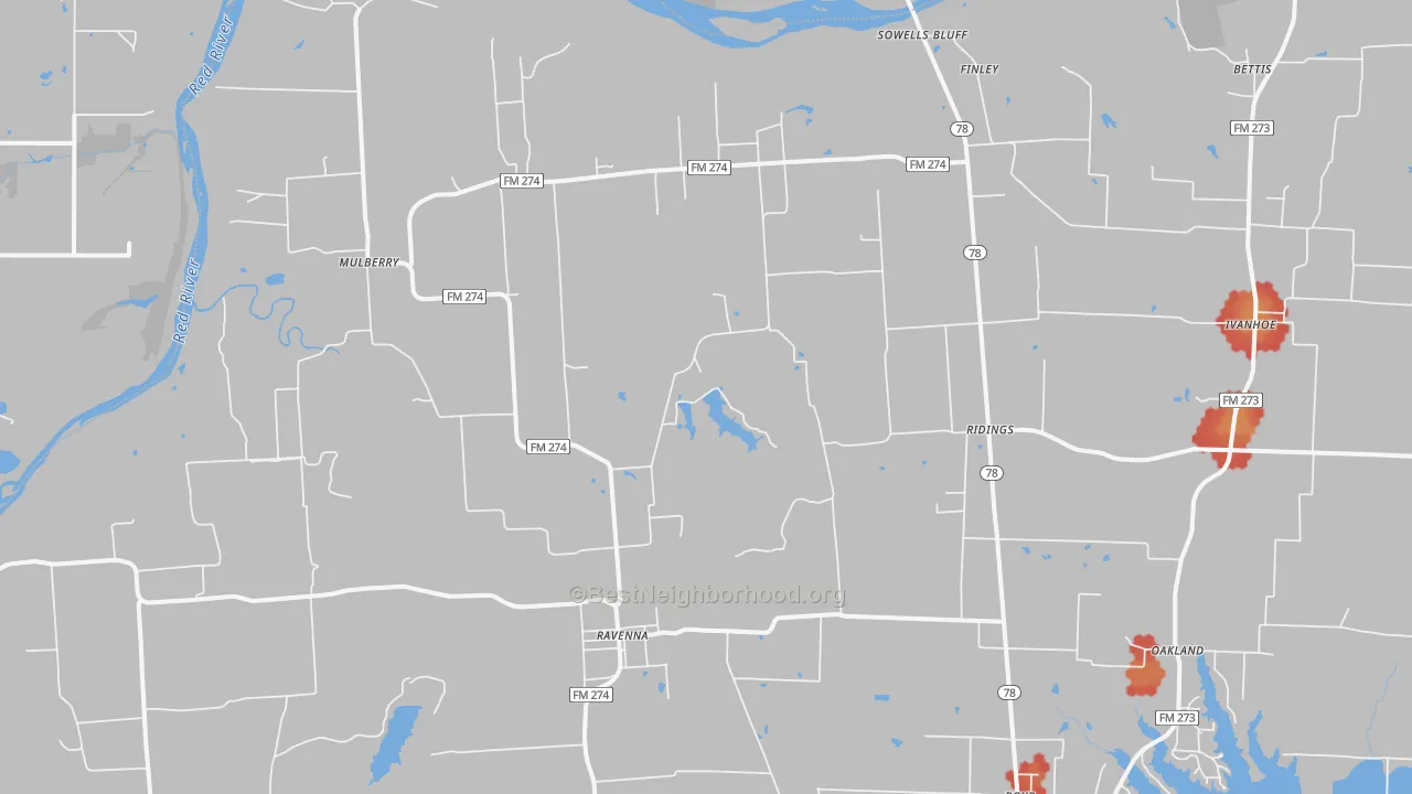 Walk Grade map of 75476, TX, walkable areas in green and car-dependent areas in red