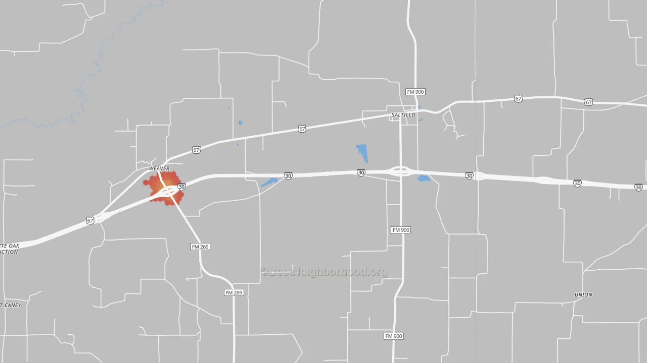 Walk Grade map of 75478, TX, walkable areas in green and car-dependent areas in red