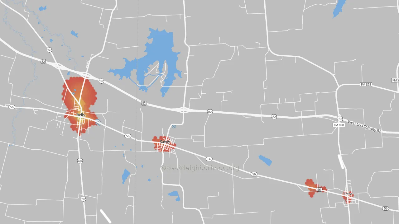 Walk Grade map of 75479, TX, walkable areas in green and car-dependent areas in red