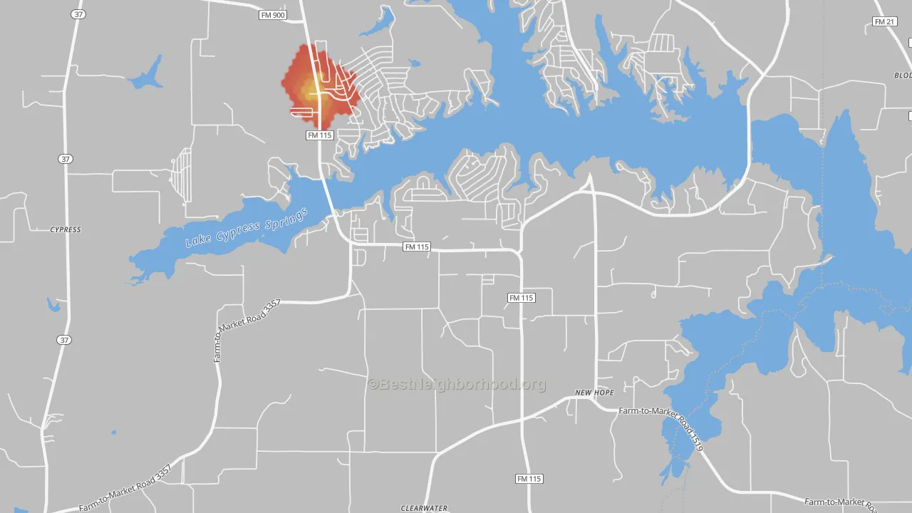Walk Grade map of 75480, TX, walkable areas in green and car-dependent areas in red