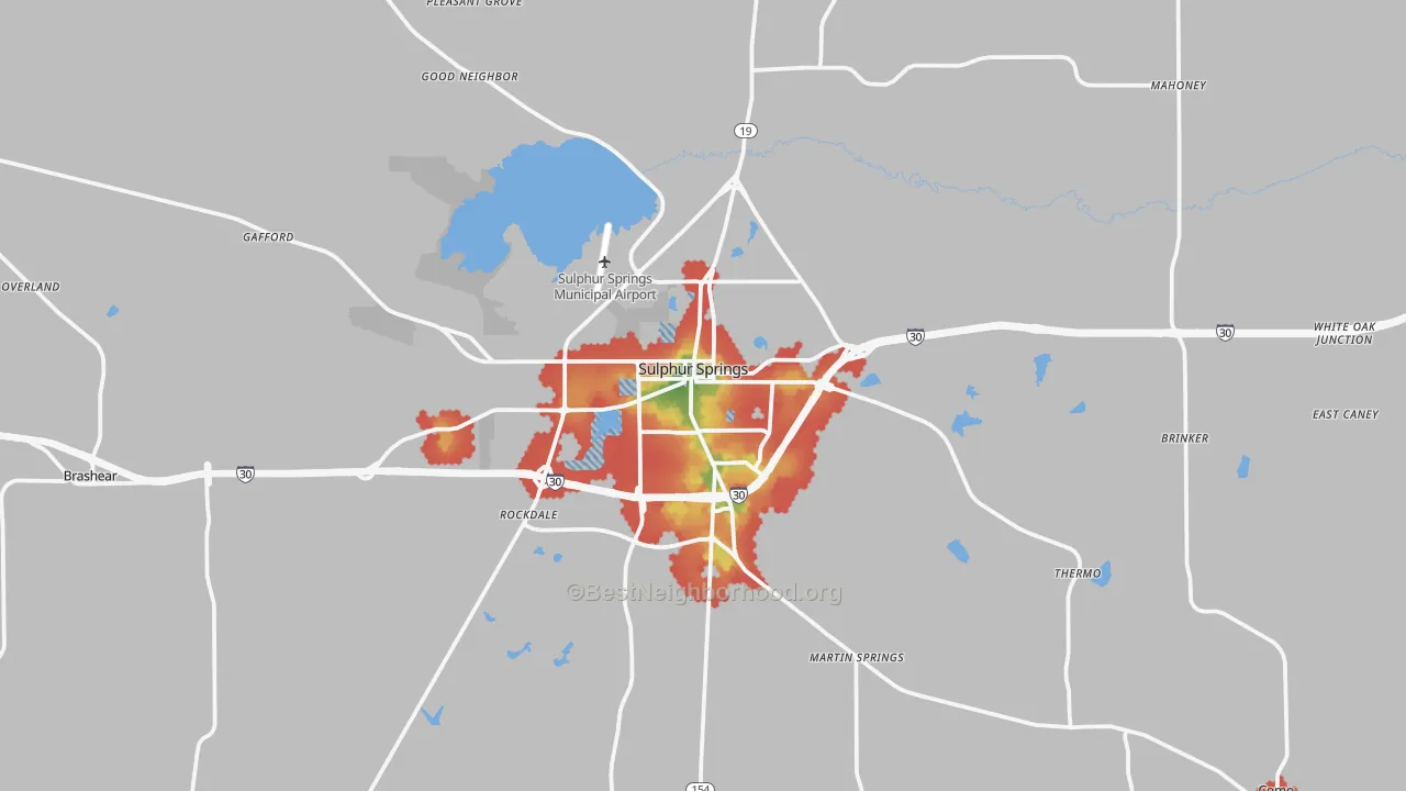 Walk Grade map of 75482, TX, walkable areas in green and car-dependent areas in red