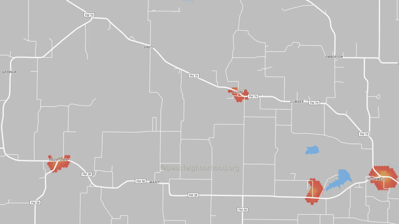 Walk Grade map of 75486, TX, walkable areas in green and car-dependent areas in red