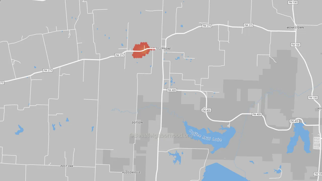 Walk Grade map of 75488, TX, walkable areas in green and car-dependent areas in red
