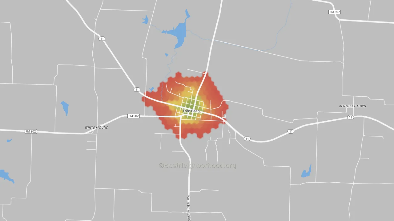 Walk Grade map of 75489, TX, walkable areas in green and car-dependent areas in red