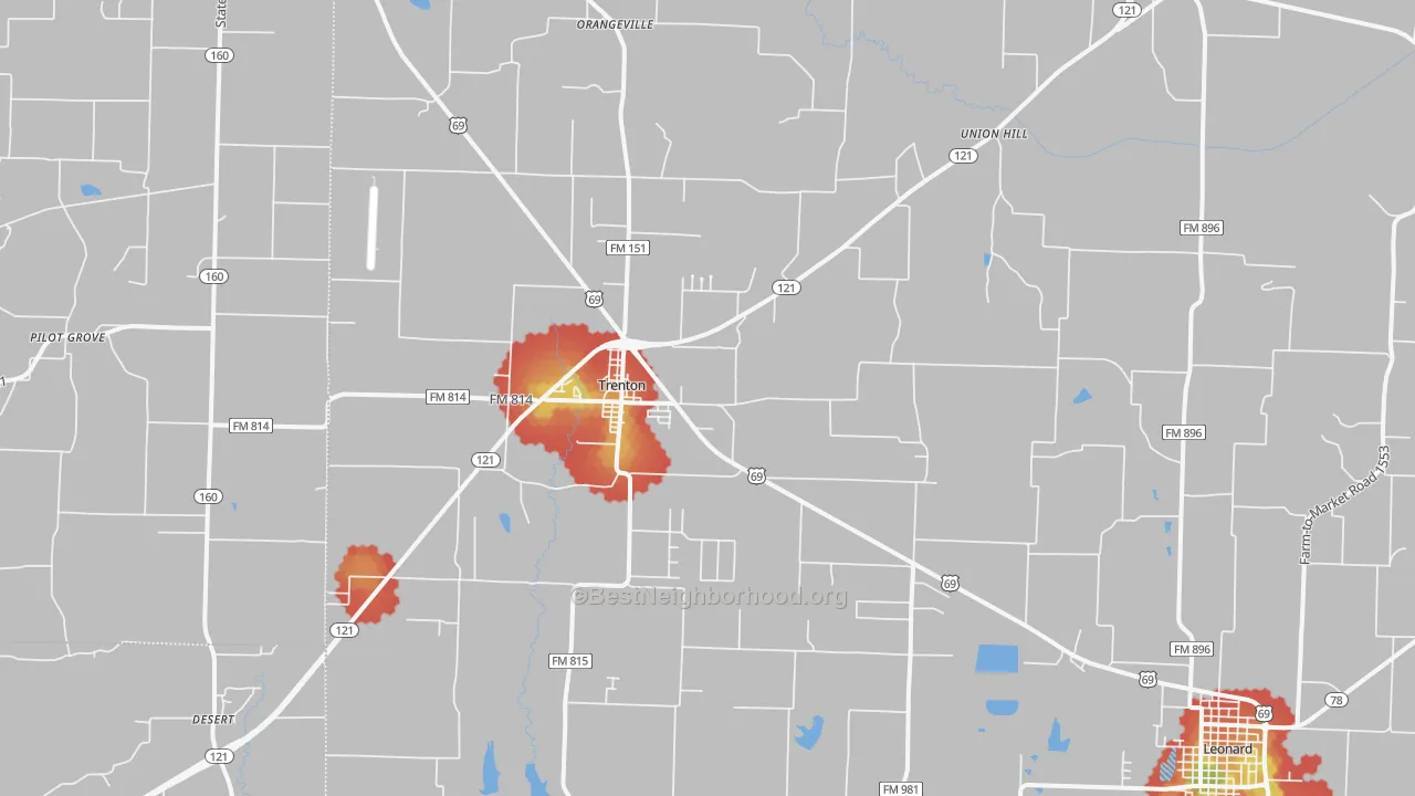 Walk Grade map of 75490, TX, walkable areas in green and car-dependent areas in red