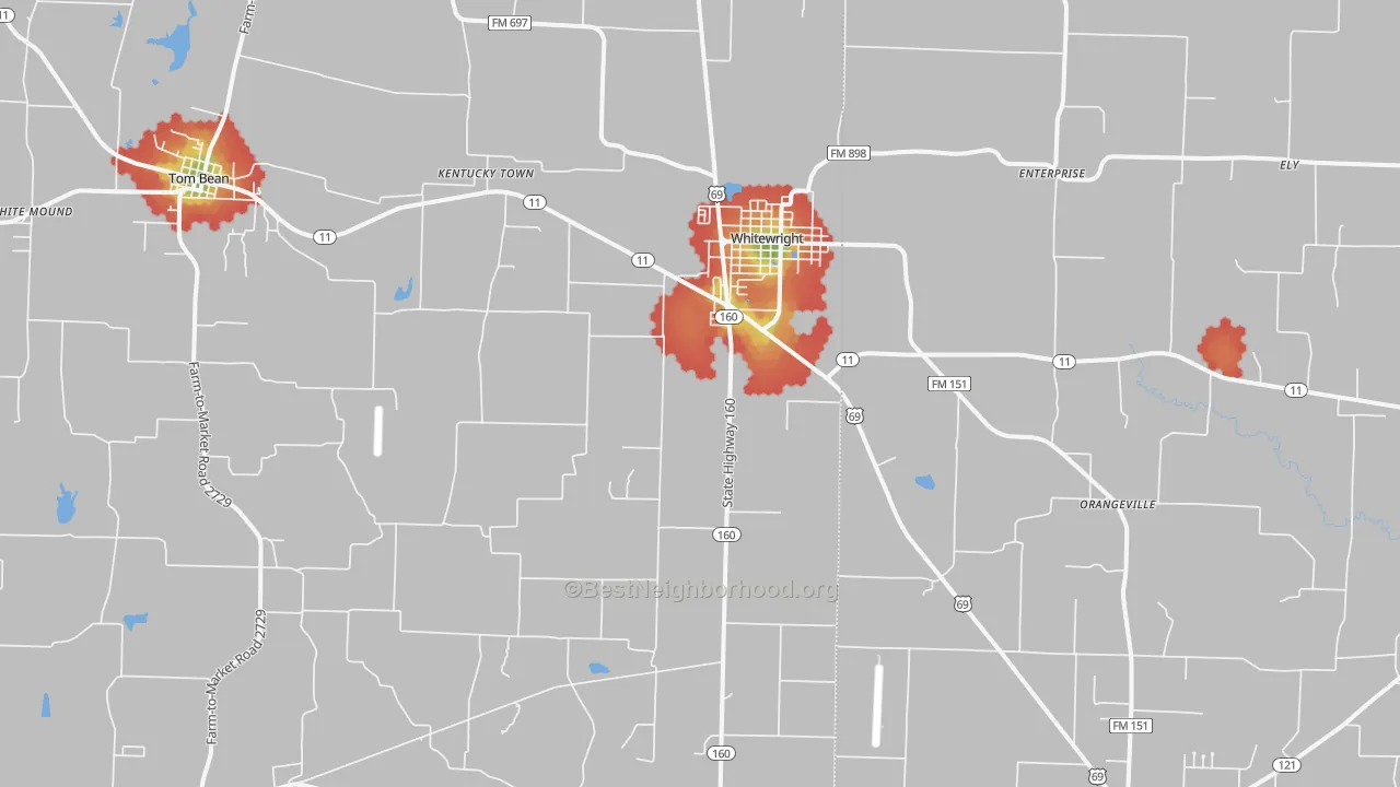 Walk Grade map of 75491, TX, walkable areas in green and car-dependent areas in red