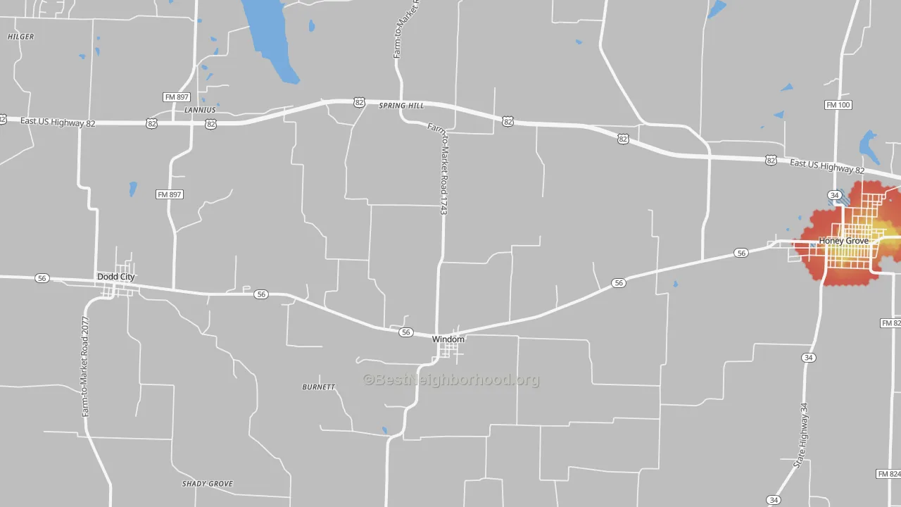 Walk Grade map of 75492, TX, walkable areas in green and car-dependent areas in red