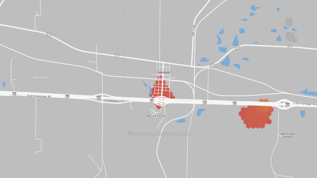 Walk Grade map of 75493, TX, walkable areas in green and car-dependent areas in red