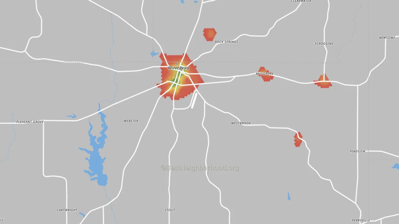 Walk Grade map of 75494, TX, walkable areas in green and car-dependent areas in red