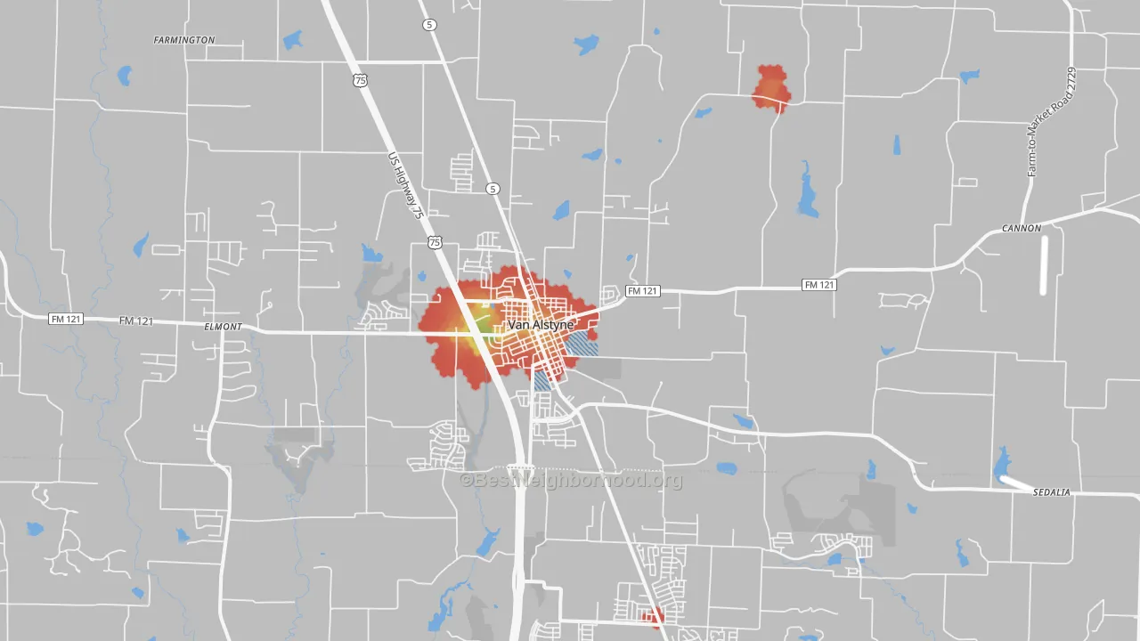 Walk Grade map of 75495, TX, walkable areas in green and car-dependent areas in red