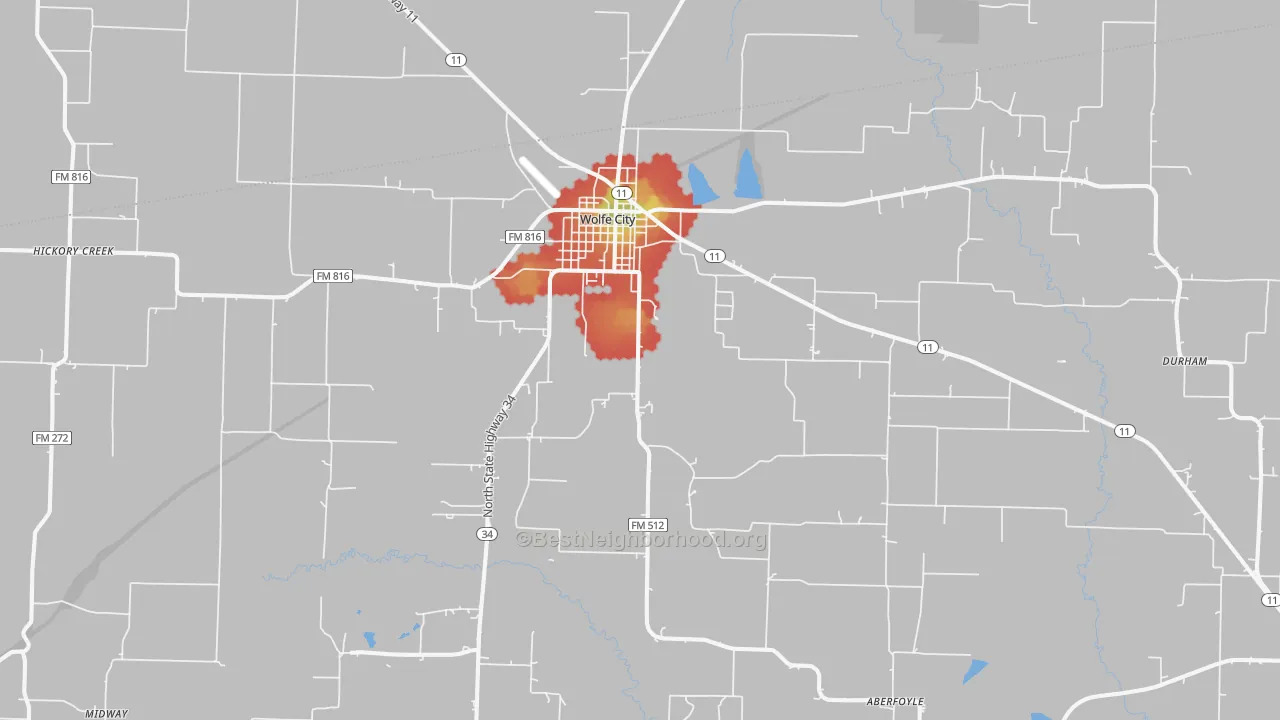 Walk Grade map of 75496, TX, walkable areas in green and car-dependent areas in red