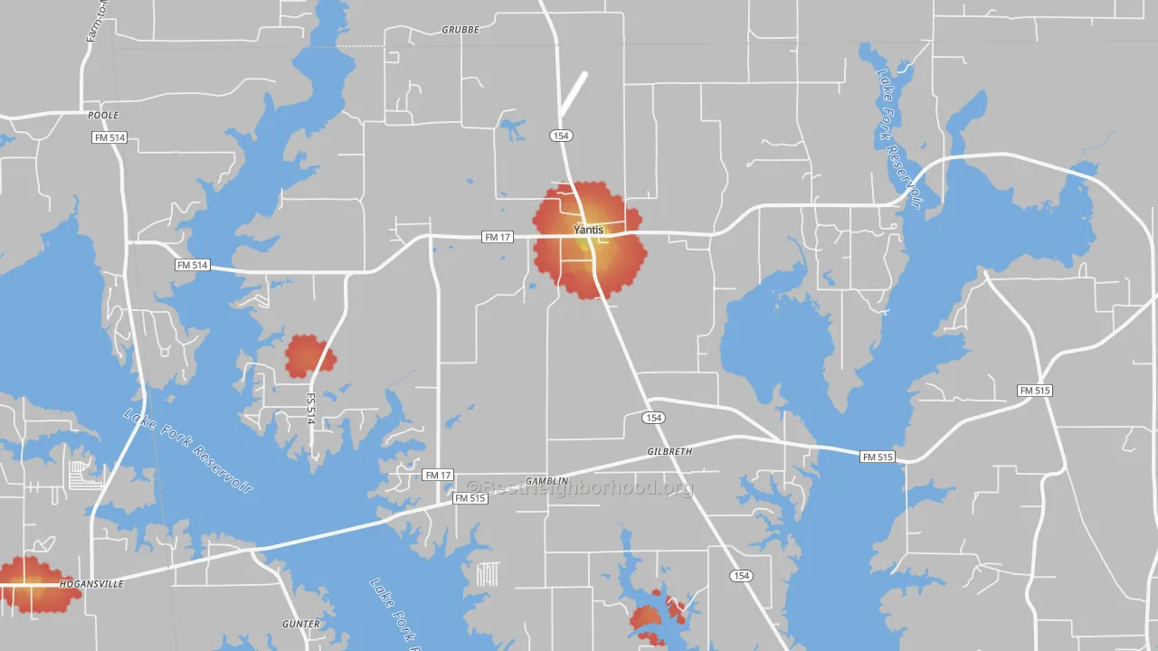 Walk Grade map of 75497, TX, walkable areas in green and car-dependent areas in red