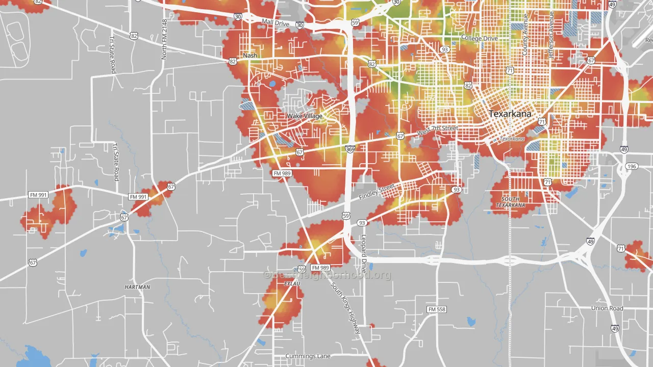 Walk Grade map of 75501, TX, walkable areas in green and car-dependent areas in red