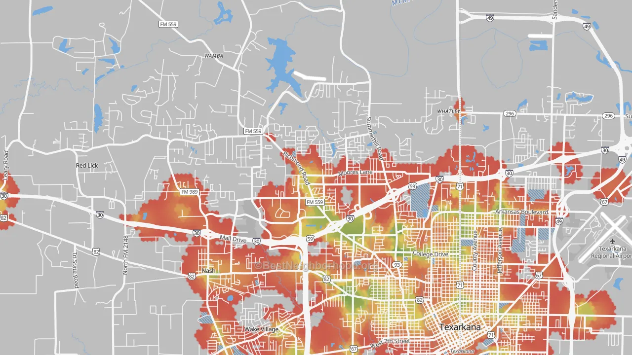 Walk Grade map of 75503, TX, walkable areas in green and car-dependent areas in red