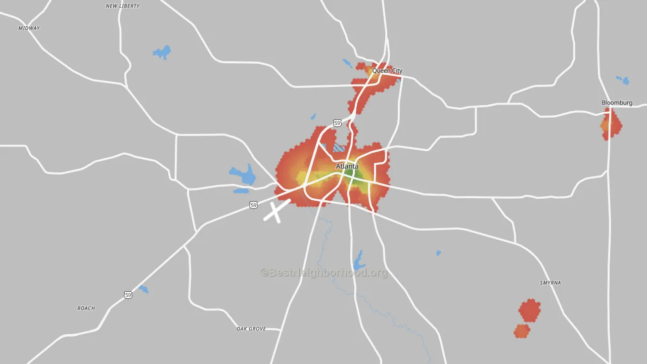 Walk Grade map of 75551, TX, walkable areas in green and car-dependent areas in red