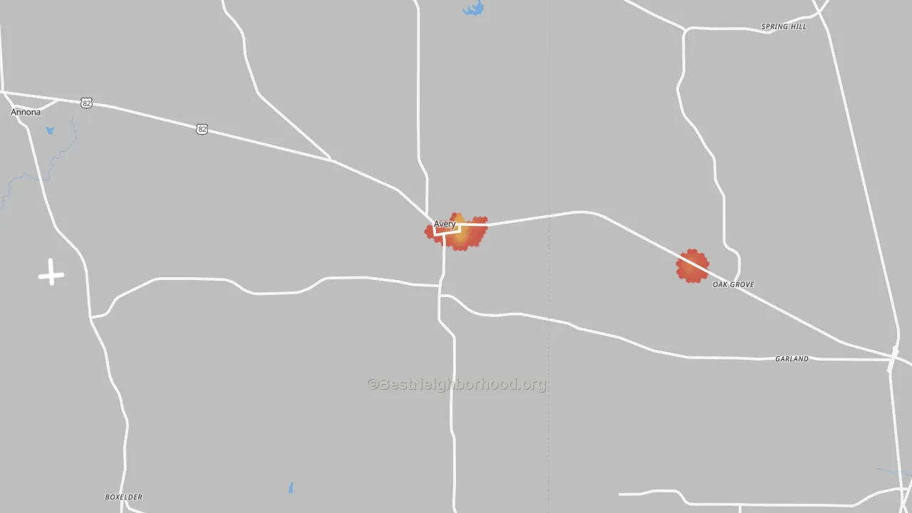 Walk Grade map of 75554, TX, walkable areas in green and car-dependent areas in red