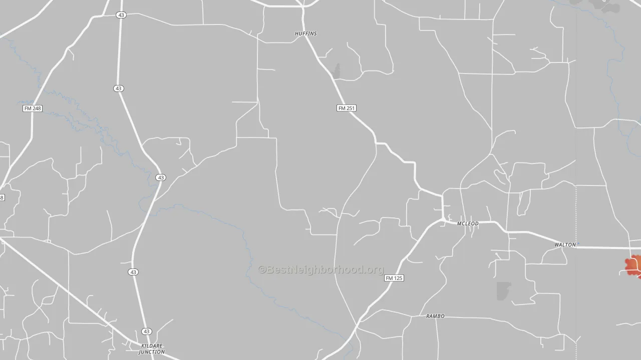 Walk Grade map of 75555, TX, walkable areas in green and car-dependent areas in red