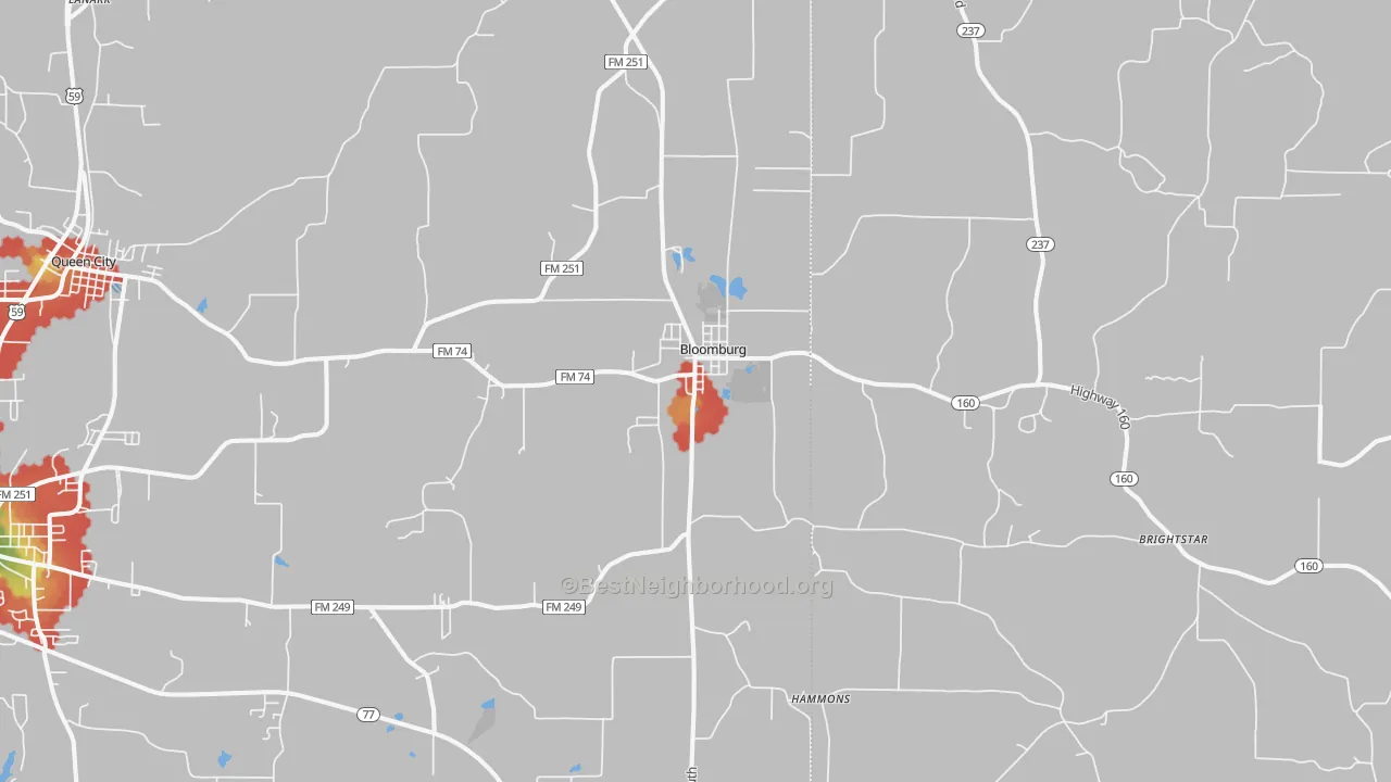 Walk Grade map of 75556, TX, walkable areas in green and car-dependent areas in red