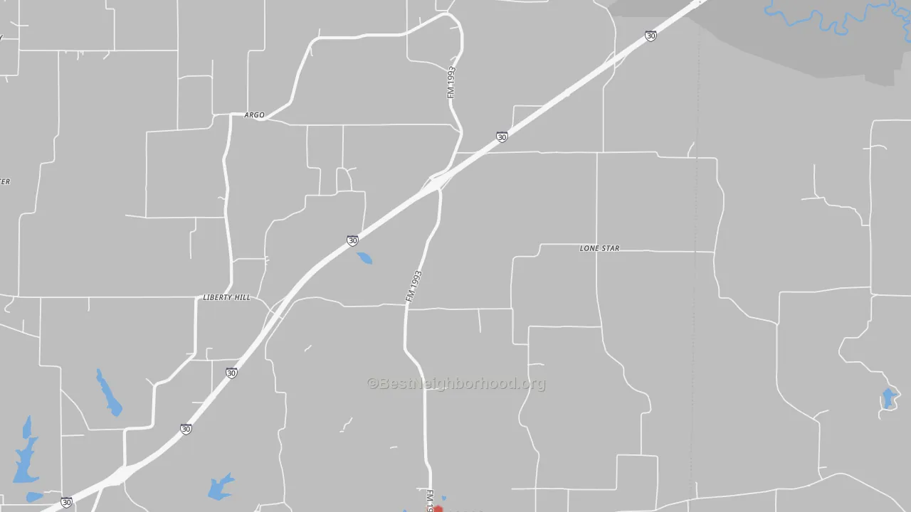 Walk Grade map of 75558, TX, walkable areas in green and car-dependent areas in red
