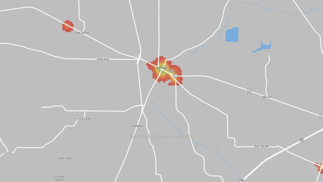 Walk Grade map of 75559, TX, walkable areas in green and car-dependent areas in red